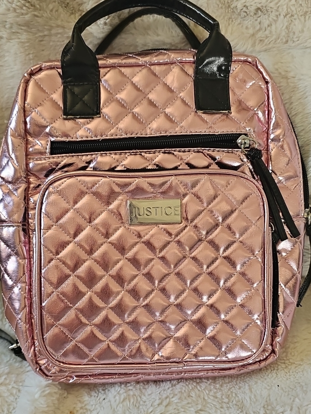 Justice Quilted Metallic Rose Backpack with Black Trim